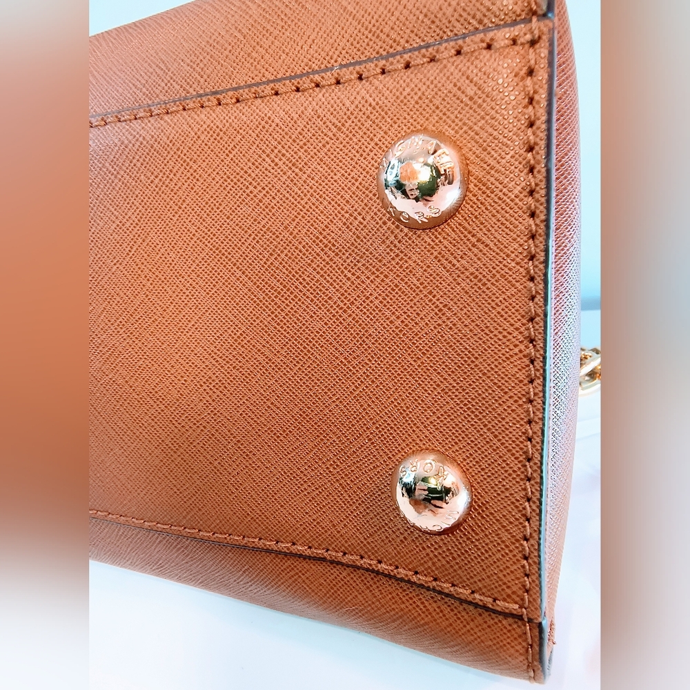 MICHAEL KORS Cognac Hamilton Saffiano Leather Satchel with Gold-Tone Chain Strap - Picture 6 of 16